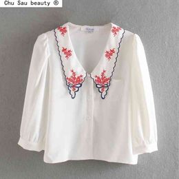 Summer Fashion Embroidery Floral Shirt Female Lapel Single Breasted White Puff Sleeve Loose Blouse Chic Style 210508