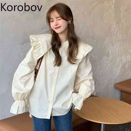 Korobov Korean Chic Spring New Women Blouses Turn-Down Collar Single Breasted Long Sleeve Sweet Shirts Preppy Style 210430