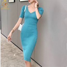 Summer Sweater Dresses Fashion Sexy V-Neck Streetwear Short Sleeve Knit Dress Slim Vestidos 210520