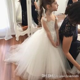 New Ball Gown Round Neck Sheer Back White Tulle Flower Girl Dress with Lace First Communion Dress Kids Wedding Gowns Custom Made