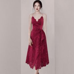 LLZACOOSH Women Spaghetti Strap Lace Party Dress Summer Designer Wine Red Ruffles Hollow Out Long dress Sexy V Neck Dress 210514