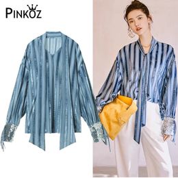 women striped big size blouse sequined long sleeve lace up bow loose pluse shirt fashion spring summer 210421