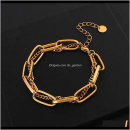 Link, Chain Bracelets Jewellery Mtilayer 18 K Plated Stainless Steel High Quality Punk Gold Colour Thick Metal Bracelet For Women Female Drop D