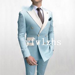 Handsome Double-Breasted Groomsmen Peak Lapel Groom Tuxedos Men Suits Wedding Prom Man Blazer ( Jacket+Pantst+Tie) Y371