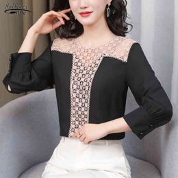 Fashion Hollow Out Chiffon Women Shirt Office Lady Plaid O Neck Blouse and Tops Black Plus Size Female Clothing 13222 210508