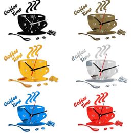 The latest wall clocks, 35CM creative DIY acrylic mirror wall clock, simple home decoration coffee cup sticker, many styles to choose