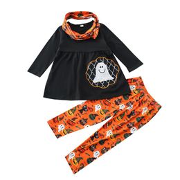 Clothing Sets Kids Girls Halloween Clothes Set Children Toddler Ghost Embroidery Long Sleeve O-neck Tops+Pumpkin Print Trousers+Scarf