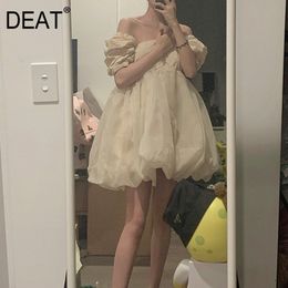 [DEAT] New Summer Fashion Women Square Collar Short Lantern Sleeves High Waist Pullover Mesh Cute Girl's Dress WR864412L 210428