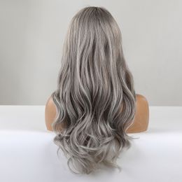 Long Wavy Grey Synthetic Wigs for Women Middle Part Curly Wave Cosplay Party Daily Use Wig Natural Heat Resistant Fibre Hairfactory direct