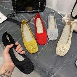 chandal ballet flats EOEODOIT Stretch Knit Fabric Shoes Hollow Fabric ccs Patchwork New Women Flat Heel Anti Skid Breathable Loafer Female