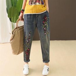 Arrival Spring Autumn Women Elastic Waist Cotton Denim Harem Pants Flower Embroidery Vintage Loose Jeans Plus Size D493 210512