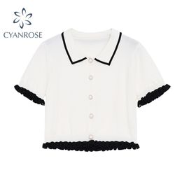 White Cardigan Crop Blouses Lapel Elegant Short Sleeve Rok Shirts Summer Stylish Work Office Ladies E-Girl Relax Blusas Top 210515
