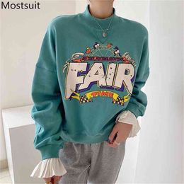 Green Cartoon Printed Women Sweatshirt Pullover Spring Spliced Sleeve Stand Collar Casual Fashion Loose Female Tops Mujer 210513