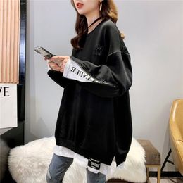 Plus Size Spring Autumn Women Pullovers Hoodies Medium-long Faux Two Piece O Neck Loose Thin Top Sweatshirts Casual Black 210809