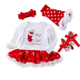 Baby Girl christmas Dress Cotton 1st Birthday Bodysuit+Shoes+Socks+Headband 4pcs Sets Clothing E2039 210610