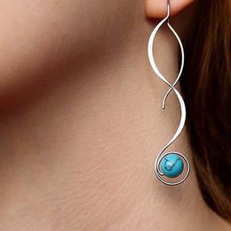 Dangle & Chandelier Bohemia Long Chain Turquoises Drop Earrings Women's Metal Twist Leaf Blue Stone Vintage Earring Gift