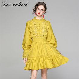 Autumn Fashion Vacation Hollow Out Embroidery Cotton Women Long Lantern Sleeve Ruffled Collar Embroidered Mini Dress 210416