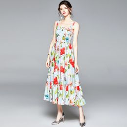 arrive Summer Brand Designer Spaghetti Strap Boho Dress Women Elegant Pink Floral Print Hight waist Slim Holiday Dresses 210514