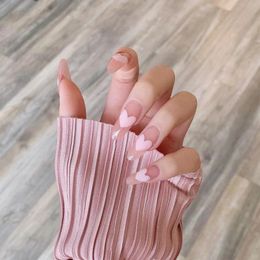 False Nails 24Pcs Detachable Sweet Girl Light Pink With Heart Design Long Ballerina Fake Nail Wearable Full Cover French Extension TipsFalse