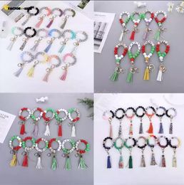 47 Colours Beaded Key chain Party Favour Wooden Tassel String Chain Food Grade Silicone Bead Key Ring Women Wrist Strap Bracelet