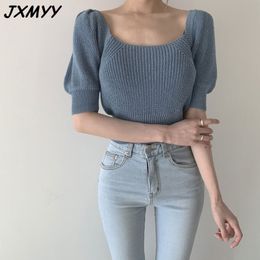 Korean open back knitted pullover ladies lace up fashion chic elegant square neck hollow sweater puff sleeve casual top JXMYY 210412