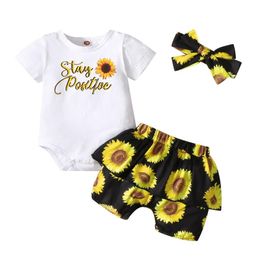 Clothing Sets Born Baby Girl Ruffle Letter Romper Tops+ Sunflower Short Skirt+hairband Kids Clothes Girls Vetement Enfant Fille#g