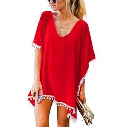 Women Pom Trim Cover-ups Kaftan Chiffon Swimwear Loose Beach Dress Tunic Solid Beachwear Swimsuit Robe De Plage Pareo Sarongs