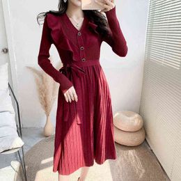 Autumn Base dress with coat ruffled V-neck knitted dresses female autumn winter new vintage sweater dress elegant women clothes Y1204