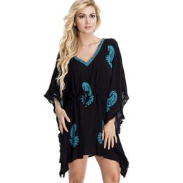 Beach cover up Dress Robe de Plage Bikini Cover Embroidered Summer wear Kaftan Woman Tunic Pareo #Q891 210420