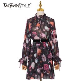 Elegant Print Floral Dress For Women Stand Collar Lantern Sleeve High Waist Lace Up Bowknot Chiffon Dresses Female 210520