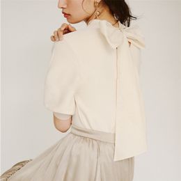 Fashion Drawstring Bow Design Pullovers Sweaters Spring Summer Elegant Temperament Women Tops Ol Puff Sleeve Tshirts 210519