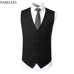 Men's Black Dress Vest with Tie Brand Sleeveless Slim Fit Men Tuxedo Vests Formal Business Wedding Pocket Gilet Homme 210522