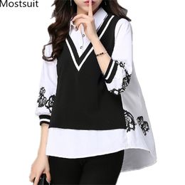 Spring Summer Elegant Fake Two Pieces Blouses Women Plus Size Floral Printed Ol Style Casual Korean Pullovers Tops Blusas Mujeer 210513