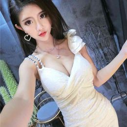 female slim fit bag hip split base sling deep V-neck low-cut sexy nightclub dress Office Lady Polyester 210416