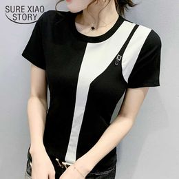 Summer Thin Fashion White & Black Blouse Short Sleeve O-Neck Spliced Cotton Shirt Women Chic Chemisier Femme 9208 210527