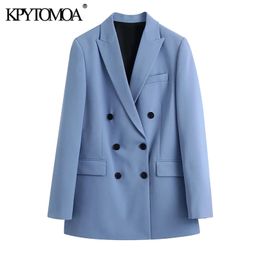 KPYTOMOA Women Fashion Double Breasted Loose Fitting Blazer Coat Vintage Long Sleeve Pockets Female Outerwear Chic Tops 211006