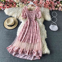 Neploe Dress Summer Square Collar Floral Chiffon Gauze Patchwork Maxi Dresses Summer Slim Waist Temperament Vestidos Mujer 210422