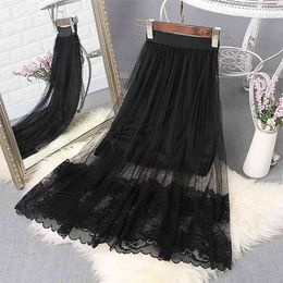 Bonjean Large Size Summer A Line Skirt Women New Lace Girl High Waist Slim Long Skirts Young Female Falda 210401