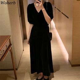 Korean Chic Spring Summer V-neck Elegant Long Velvet Dress Solif Black Party Club Dresses Casual All Match Robe 210519