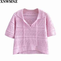 Women Hollow Pink Bow Collar Cropped Knitted Sweater Vintage Short Sleeve Female Pullovers Chic summer knit Tops 210520