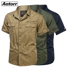 Mens 100% Cotton Military Shirts Casual Dress Short Sleeve Slim Tops Work Shirt Male Solid Summer Trendy Chest Pocket 4XL 210721
