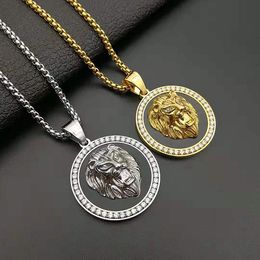 Mens Round Lion's Head Pendant Stainless Steel Hip Hop Lion Charm Tag Cuban Necklace Collares Harajuku Gothic Punk Gold Silver Charms Jewel With Rhinestone