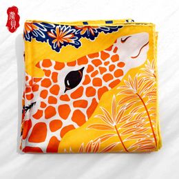 Orange blue natural silk scarf printed with giraffe for women 100% real silk soft high quality square wrap shawl gift for lady Q0828