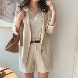 Two Button Simple Cotton Linen Suit Jacket Long Sleeve Thin Air-Conditioned Coat Female Blazer Office Ladies 210601