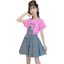 Girls Clothes Tshirt + Plaid Skirt For Floral Pattern Big Summer Childrens Clothing 6 8 10 12 14 210528