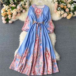 Flower Print Dress Women Court Style O Neck Short Sleeve Ladies Vestidos Summer Elegant Slim Waist Female Dresses 210422