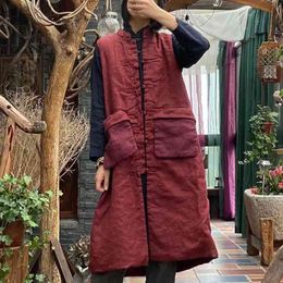 Johnature Women Vintage Cotton Solid Patchwork Long Vests Chinese Style Sleeveless Coats V-Neck Winter Pockets Vests 210521