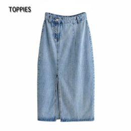 Toppies Vintage Blue Denim Skirts High waist Sexy Split Straight Midi Skirts Woman Front Button Streetwear 210412