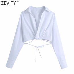 Women Fashion Cross V Neck Hem Bow Tied White Short Smock Blouse Female Long Sleeve Kimono Shirts Chic Blusas Tops LS9008 210420