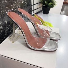 2021 Star style Transparent PVC Crystal Clear Heeled Women Slippers Fashion High heels Female Mules Slides Summer Sandals Shoes K78